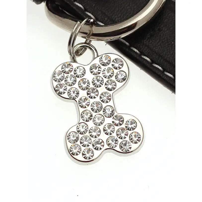 Black Leather Diamante Bones Dog Collar with Charm - Poochie Fashion - 4