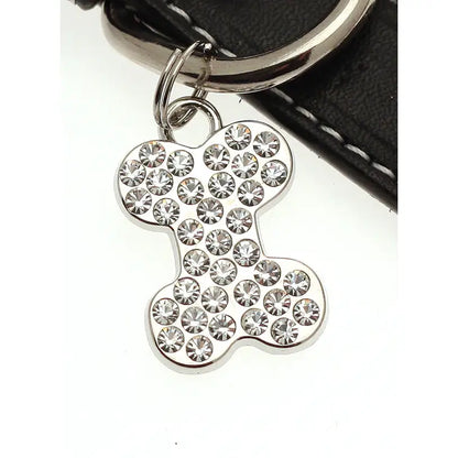 Black Leather Diamante Bones Dog Collar with Charm - Poochie Fashion - 4