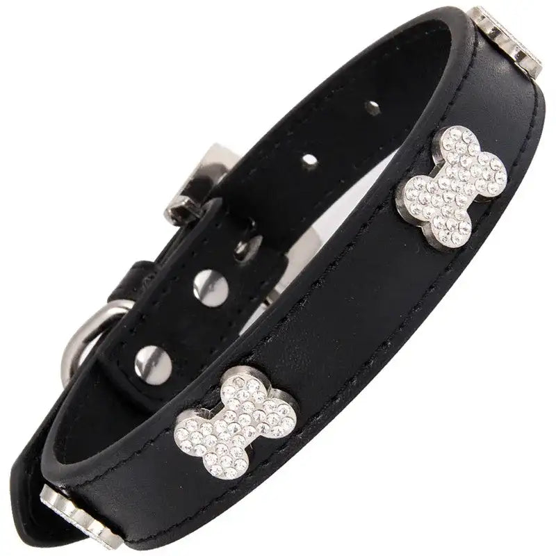 Black Leather Diamante Bones Dog Collar with Charm - Poochie Fashion - 2