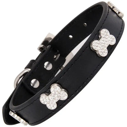 Black Leather Diamante Bones Dog Collar with Charm - Poochie Fashion - 2