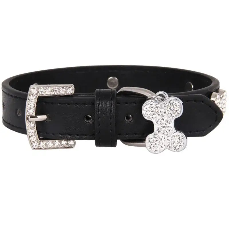 Black Leather Diamante Bones Dog Collar with Charm - Poochie Fashion - 5