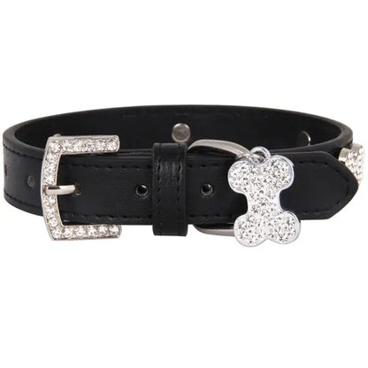 Black Leather Diamante Bones Dog Collar with Charm - Poochie Fashion - 5