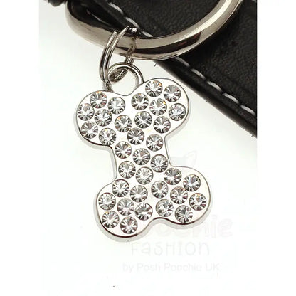 Black Leather Diamante Bones Dog Collar with Charm - Posh Pawz - 4