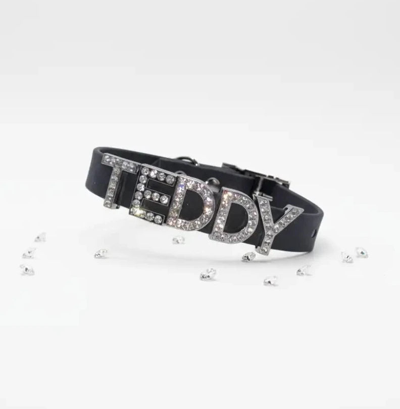 Black Waterproof Personalised Dog Collar with Diamante Letters - Poochie Fashion - 1
