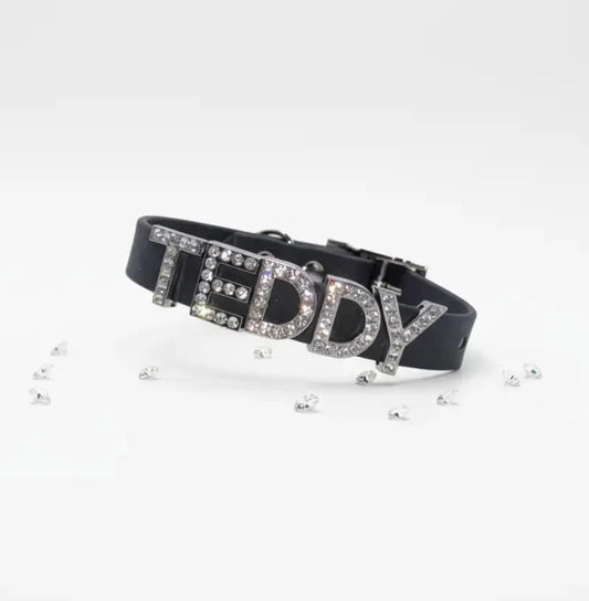 Black Waterproof Personalised Dog Collar with Diamante Letters - Poochie Fashion - 1