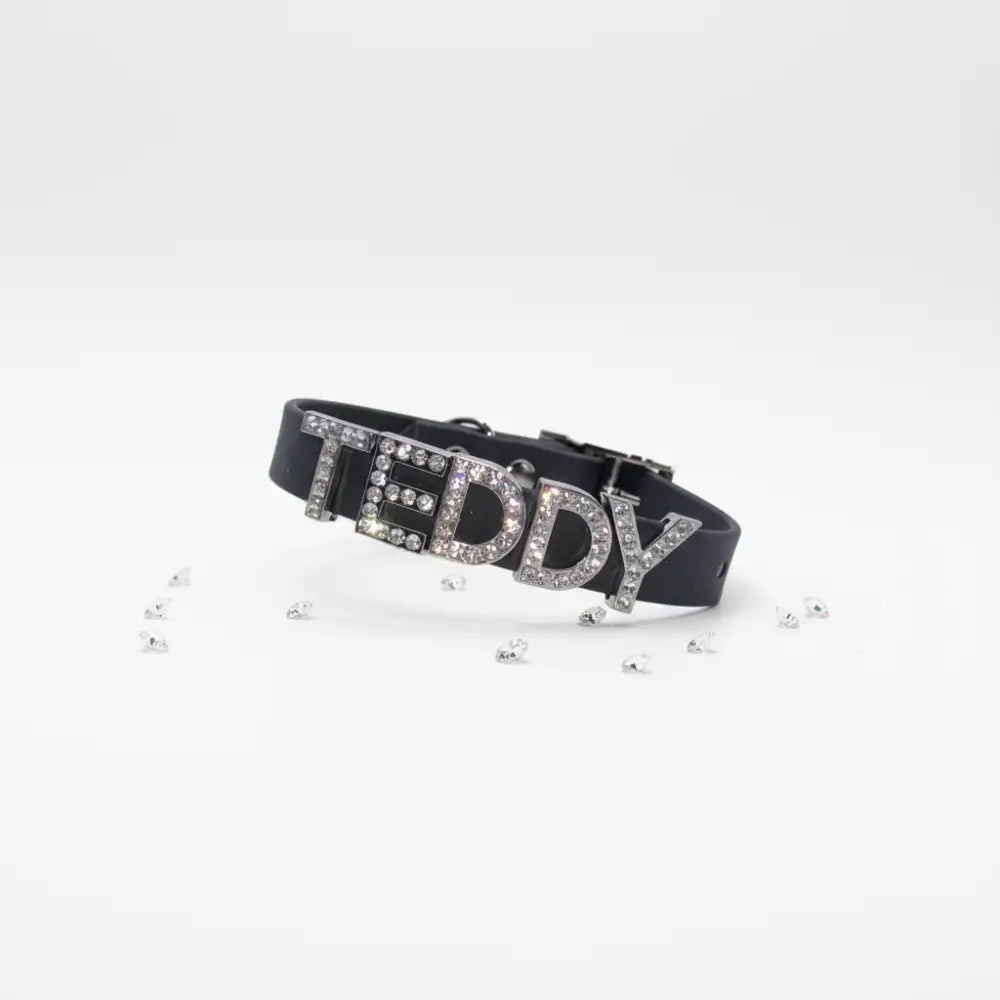 Black Waterproof Personalised Dog Collar with Large Diamante Letters - Poochie Fashion - 7