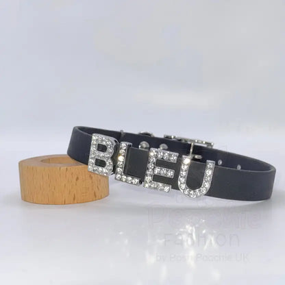 Black Waterproof Personalised Dog Collar with Large Diamante Letters - Poochie Fashion - 3