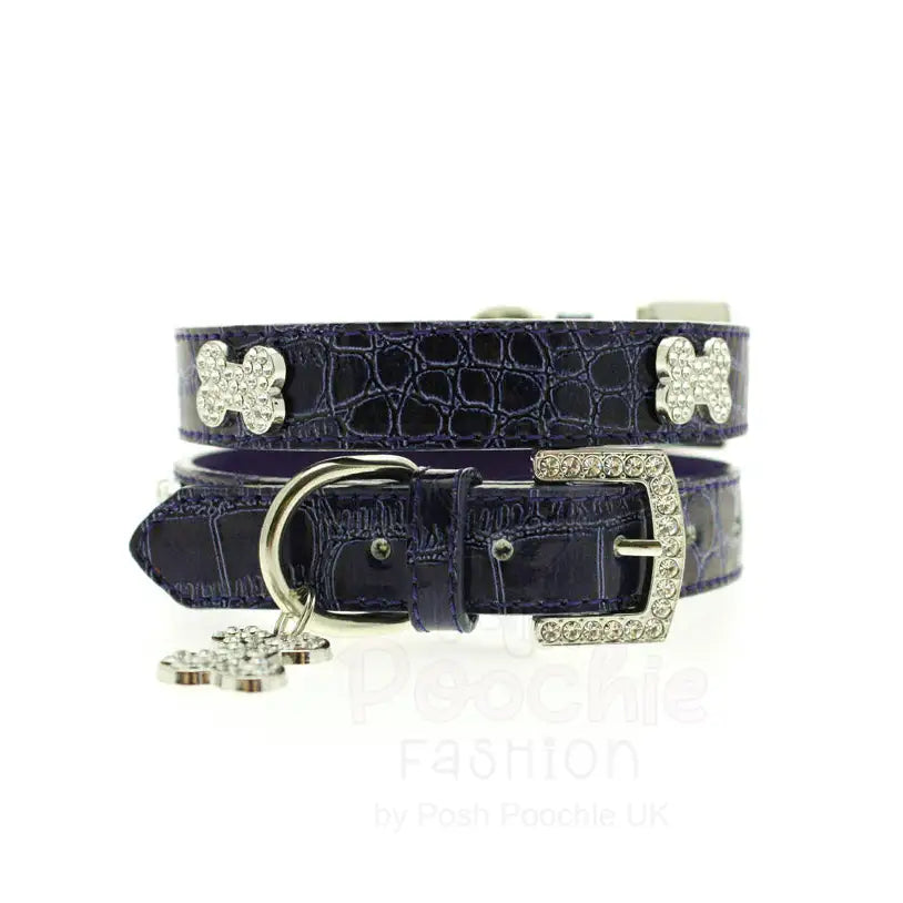 Blue Leather Diamante Bones Dog Collar and Lead Set Medium - Posh Pawz - 4