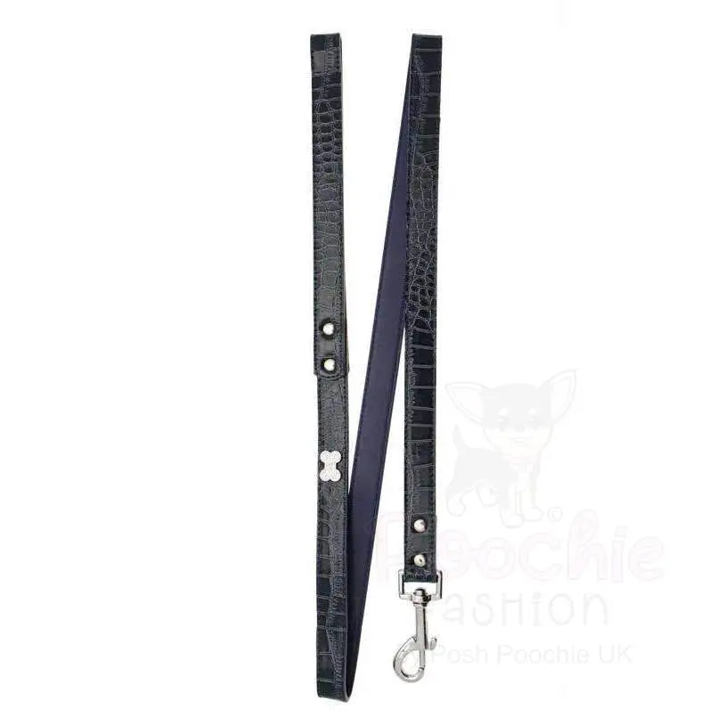 Blue Leather Diamante Bones Dog Collar and Lead Set Medium - Posh Pawz - 3