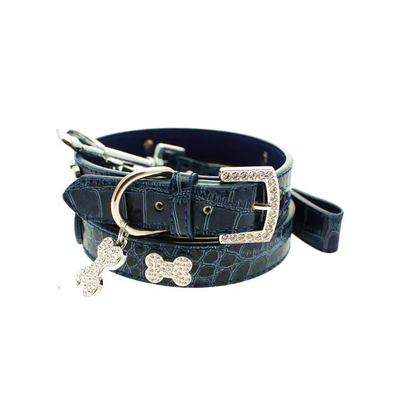 Blue Leather Diamante Bones Dog Collar and Lead Set Medium - Posh Pawz - 1