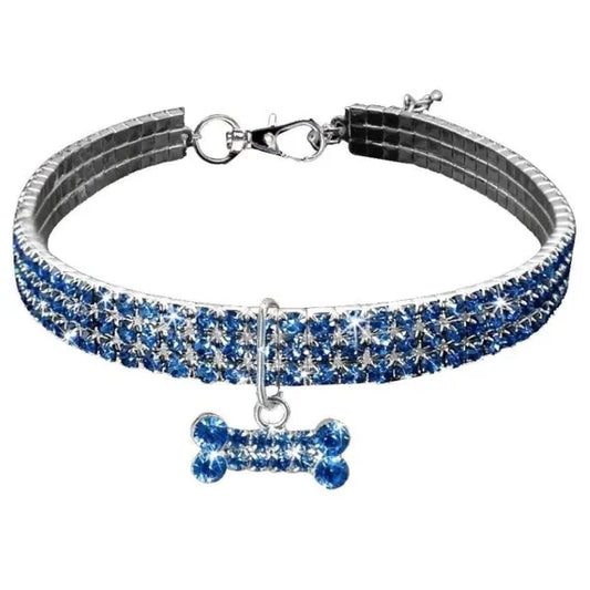 Blue Rhinestone Crystal Pet Necklace with Bone Pendant - Posh Pawz - 1
