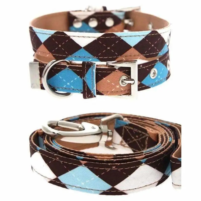 Brown and Blue Argyle Fabric Dog Collar and Lead Set - Urban - 1