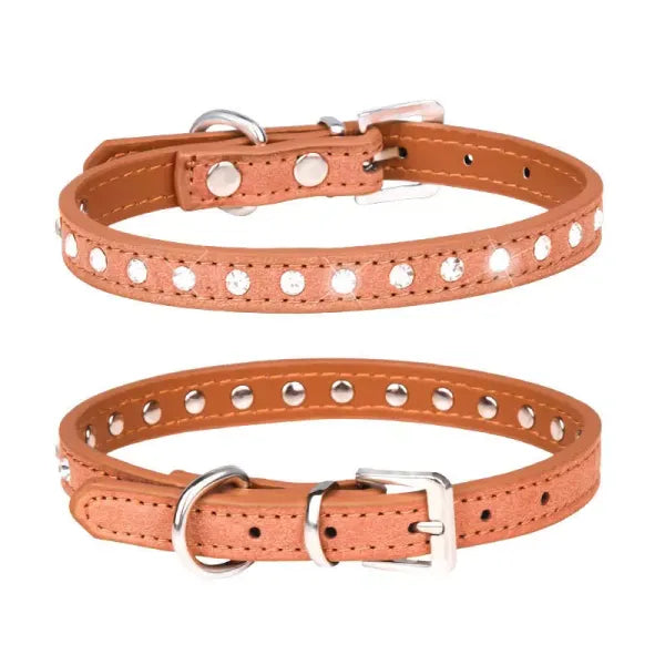 Brown Eco Suede Diamante Dog Collar - Posh Pawz - 1