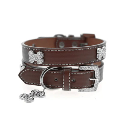 Brown Leather Diamante Bones Dog Collar And Charm - Urban Pup 1