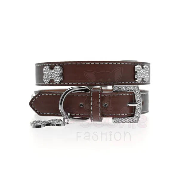 Brown Leather Diamante Bones Dog Collar And Lead Set - Urban 4