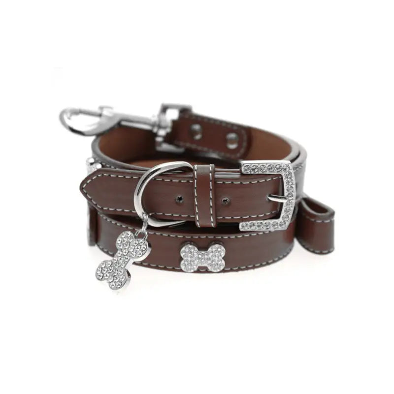 Brown Leather Diamante Bones Dog Collar And Lead Set - Urban 1