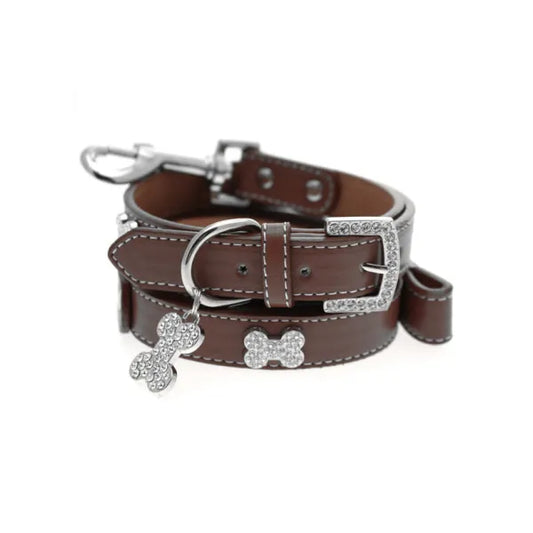 Brown Leather Diamante Bones Dog Collar and Lead Set - Urban - 1