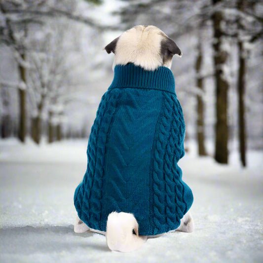 Chunky Cable and Herringbone Knit Dog Jumper In Teal - Rich Paw - 1