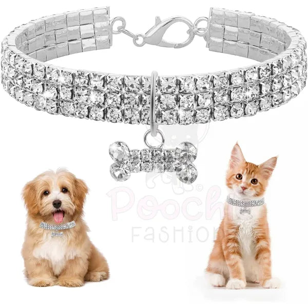 Clear Rhinestone Crystal Pet Necklace with Bone Pendant - Posh Pawz - 4