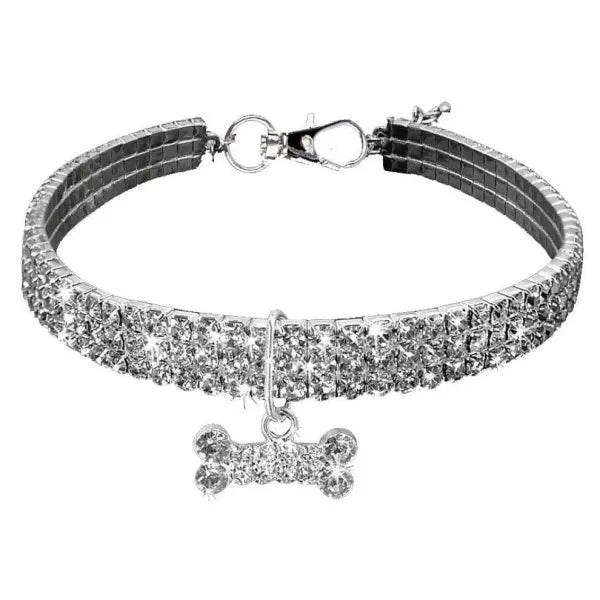 Clear Rhinestone Crystal Pet Necklace with Bone Pendant - Posh Pawz - 1