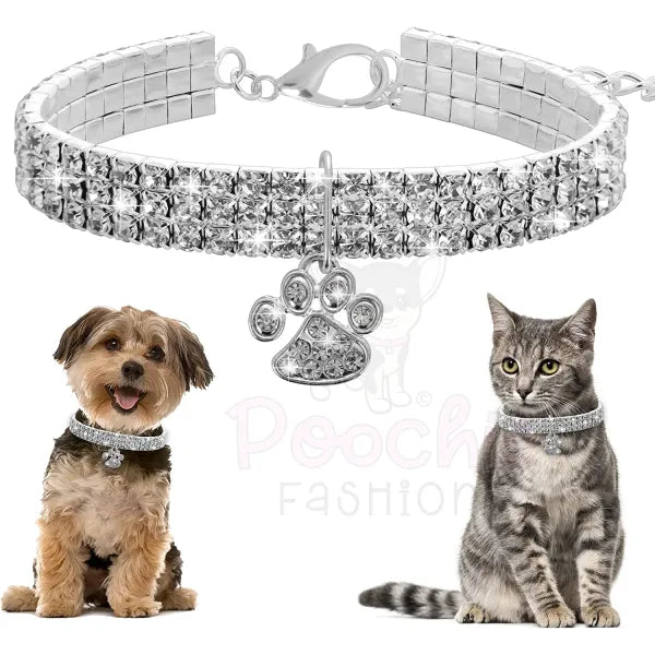 Clear Rhinestone Crystal Pet Necklace With Paw Pendant - Posh Pawz - 4