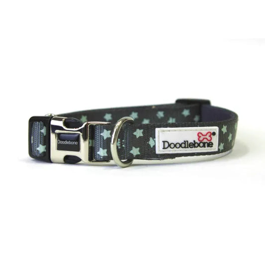 Doodlebone Padded Dog Collar - Grey Stars Glow In The Dark - Doodle - 1