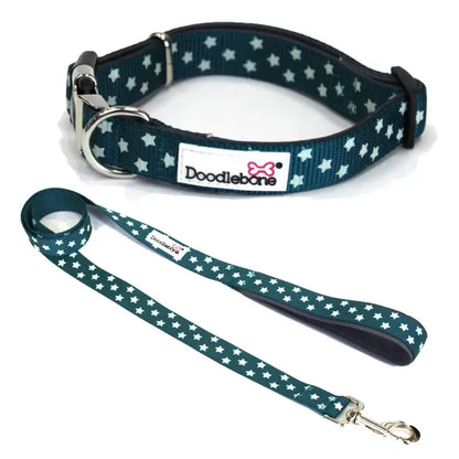 Doodlebone Padded Dog Collar & Lead Set - Teal Glow Stars - Sale - 1