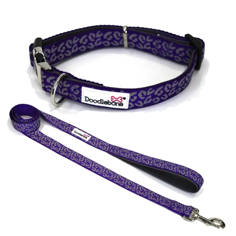 Doodlebone Padded Dog Collar & Lead Set - Violet Leopard Reflective - Sale - 1