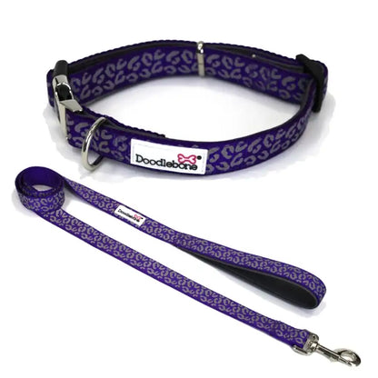 Doodlebone Padded Dog Collar & Lead Set - Violet Leopard Reflective - Sale - 1
