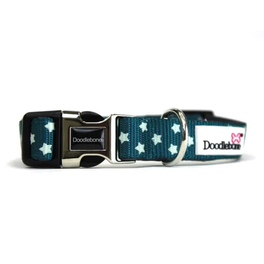 Doodlebone Padded Dog Collar - Teal Stars Glow in the Dark - Doodle - 1