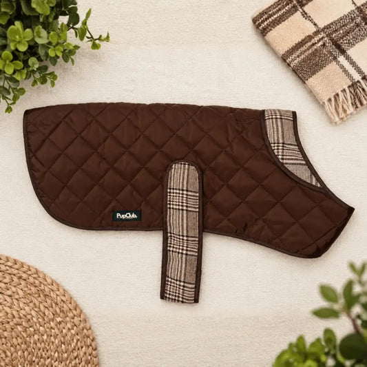 Foxbury Plaid Quilted Dog Coat – Water-resistant Tweed & Fleece Jacket - Pupclub Couture - 1