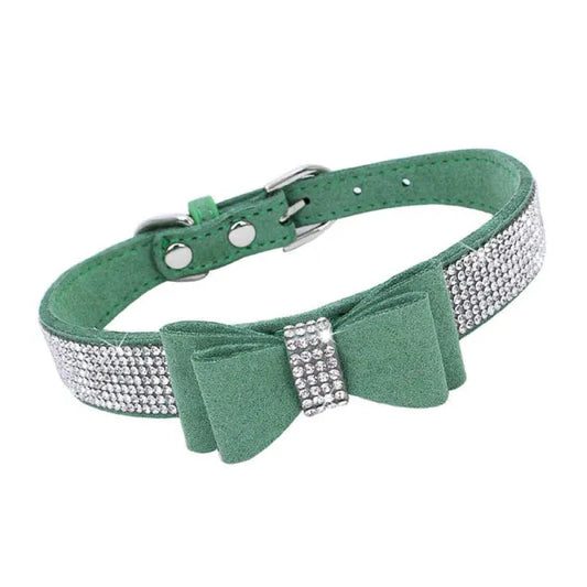 Green Sparkle Bow Eco Suede Dog Collar - Posh Pawz - 1