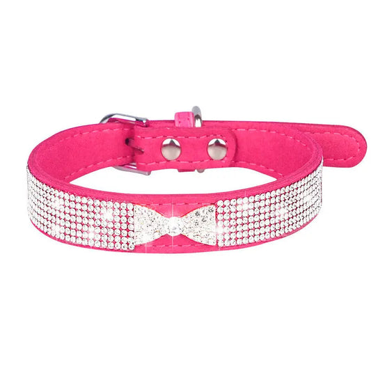 Hot Pink Crystal Bow eco-Suede Dog Collar - Posh Pawz - 1