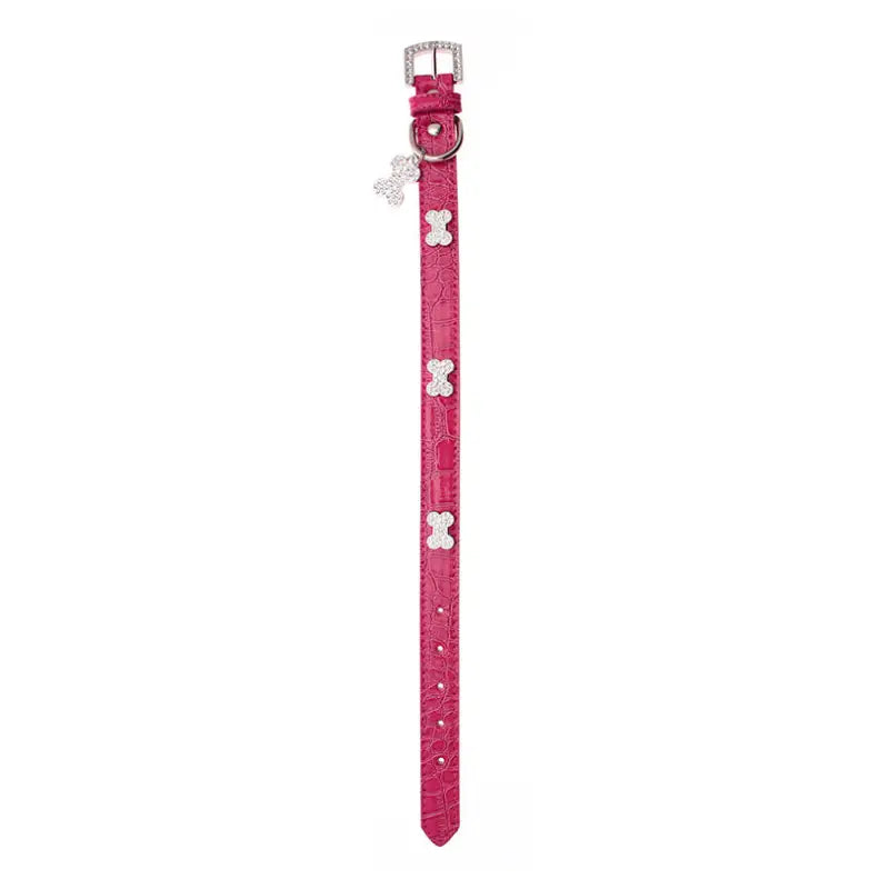 Hot Pink Leather Diamante Bones Dog Collar And Charm - Urban Pup 2