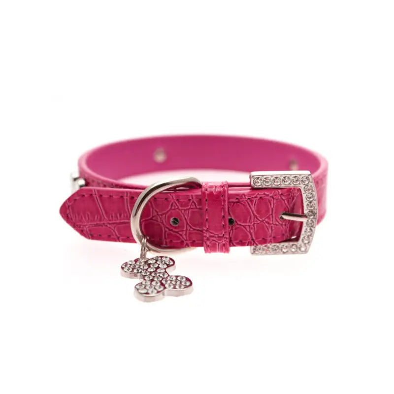 Hot Pink Leather Diamante Bones Dog Collar And Charm - Urban Pup 5