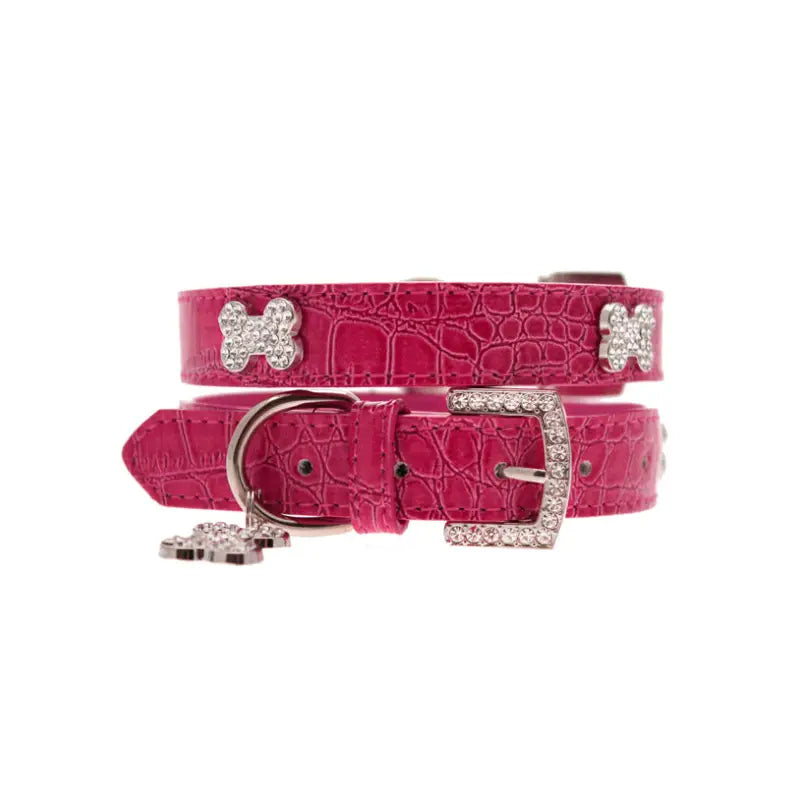 Hot Pink Leather Diamante Bones Dog Collar And Charm - Urban Pup 6