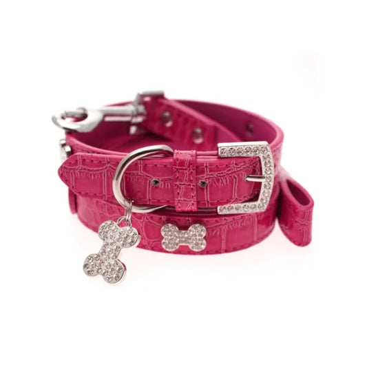 Hot Pink Leather Diamante Bones Dog Collar and Lead Set - Urban - 1