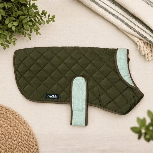 Khaki Tweed Quilted Dog Coat – Water-resistant Tweed & Fleece Jacket - Pupclub Couture - 1