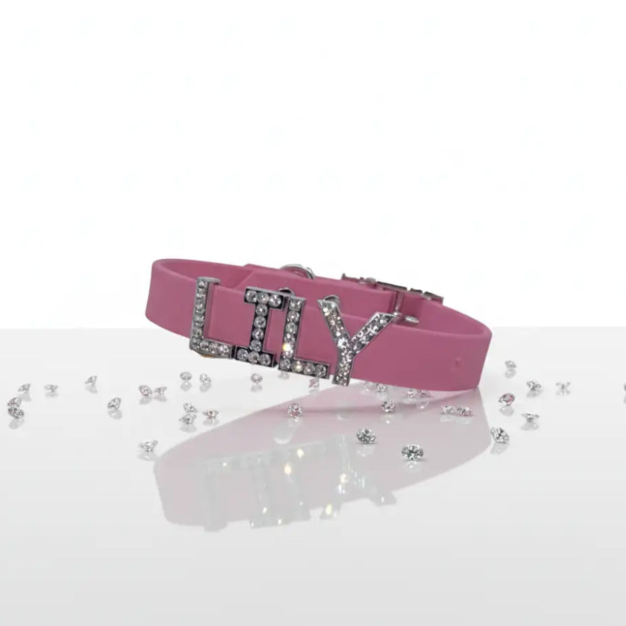 Lavender Pink Waterproof Personalised Dog Collar with Diamante Letters - Poochie Fashion - 1