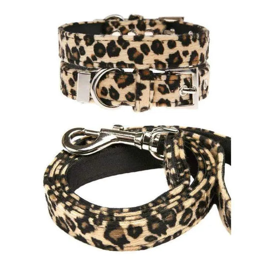 Leopard Print Plush Fabric Dog Collar and Lead Set - Urban - 1
