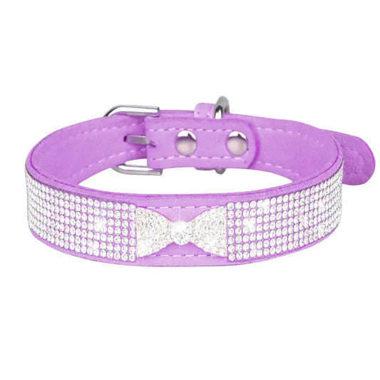 Lilac Crystal Bow eco-Suede Dog Collar - Posh Pawz - 1