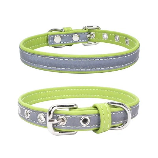 Lime Green Night Reflective Eco-leather Dog Collar - Posh Pawz - 1