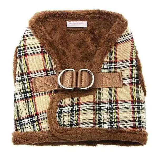 Luxury Fur Lined Brown Tartan Dog Harness with Free Lead - Posh Pawz - 1