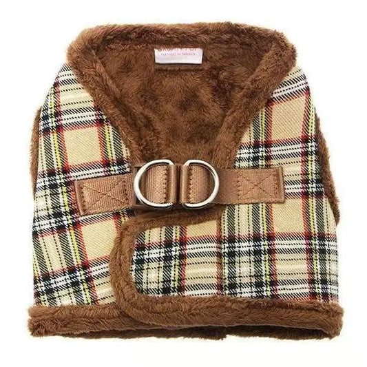 Luxury Fur Lined Brown Tartan Dog Harness with Free Lead - Posh Pawz - 1