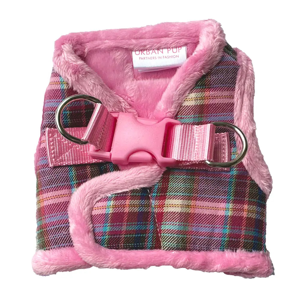 Luxury Fur Lined Pink Tartan Dog Harness - Sale - 1