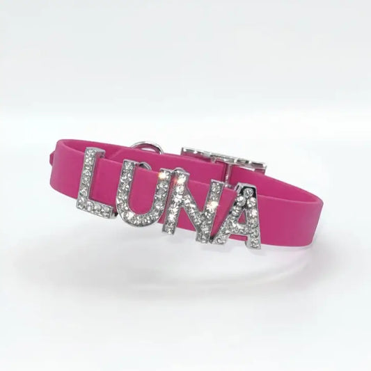 Magenta Pink Waterproof Personalised Dog Collar with Large Diamante Letters - Poochie Fashion - 1