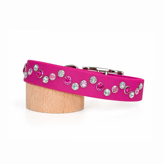 Magenta Pink Zig Zag Crystal Biothane Dog Collar - Poochie Fashion - 1