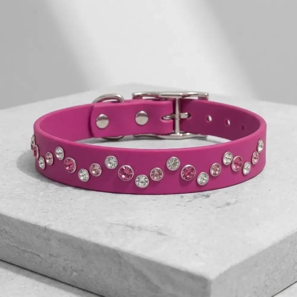 Magenta Pink Zig Zag Crystal Biothane Dog Collar - Poochie Fashion - 3