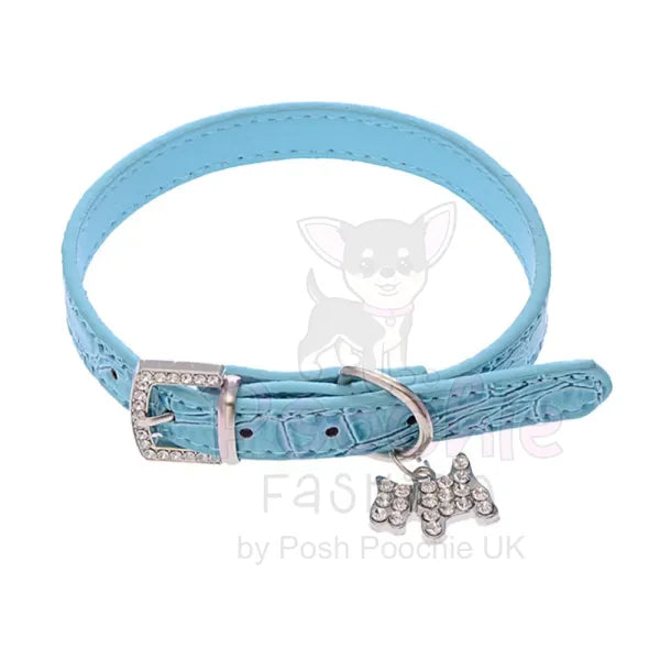 Mock Croc Rhinestone Charm Dog Collar in Blue - Posh Pawz - 2