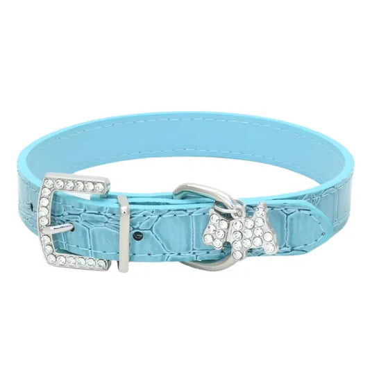 Mock Croc Rhinestone Charm Dog Collar in Blue - Posh Pawz - 1